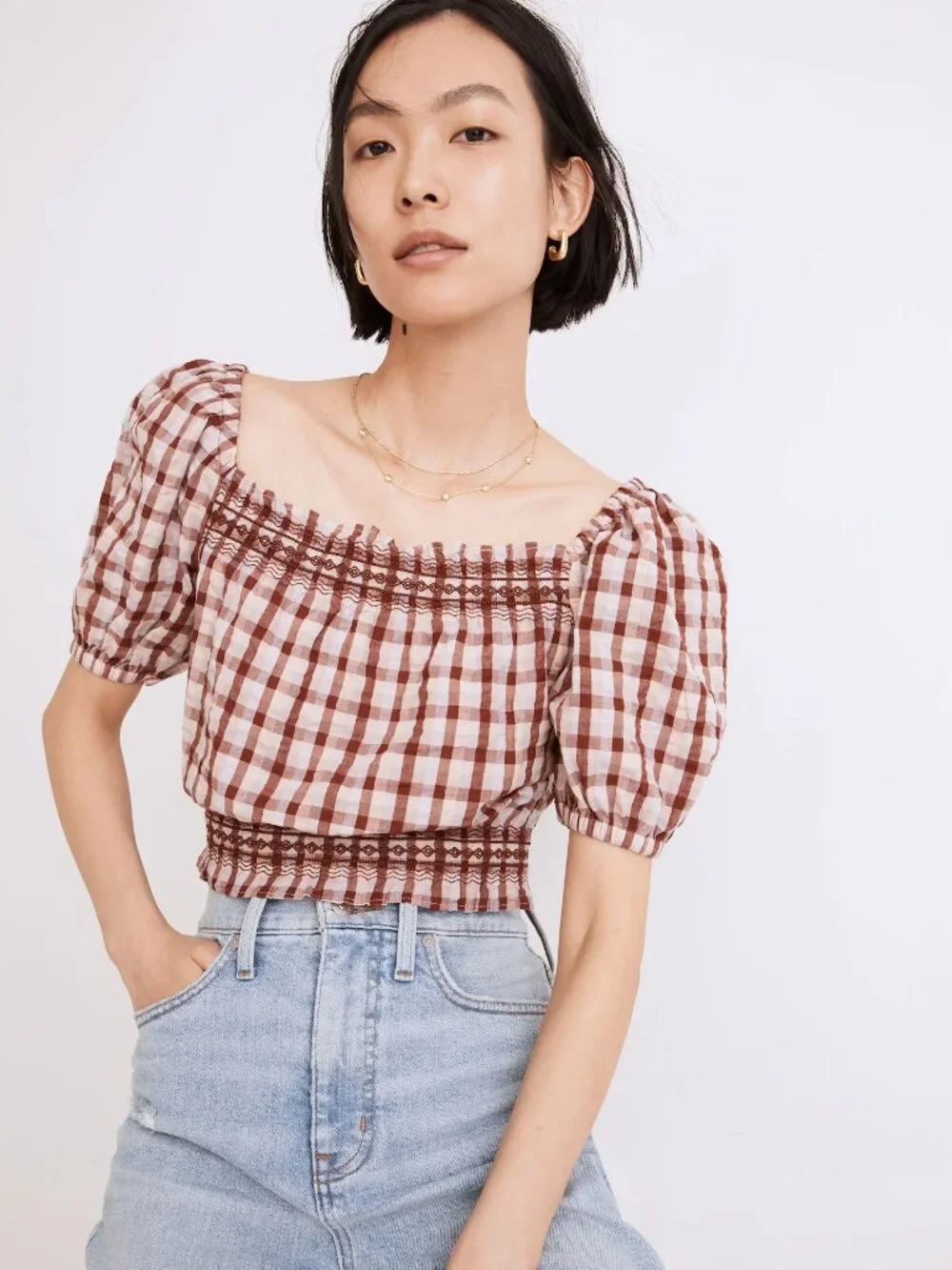 Madewell Seersucker Jeanette Top in Stained Mahogany Plaid Size Medium NWT